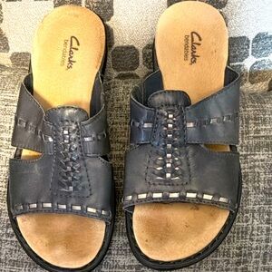 Clarks Black Leather Sandals with Woven Design